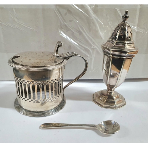 9 - London silver pepper pot together with a silver mustard pot (no glass liner) and an unmatched silver... 