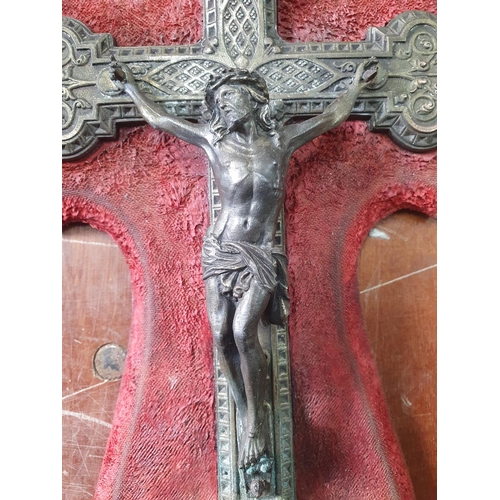 38 - Ornate antique, finely cast metal on plaque of Jesus on the cross on red ornate background, probably... 