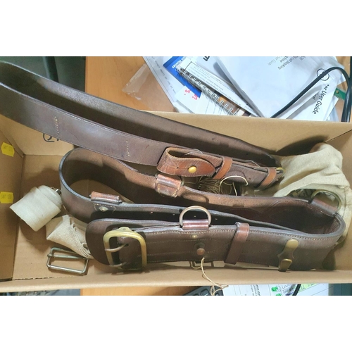 99 - Two old British military leather belts and other military items (Qty)