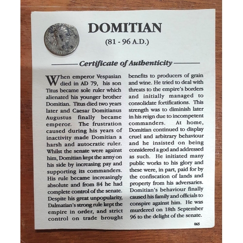 158 - Roman silver coin of Domitian (81-96 AD) with COA