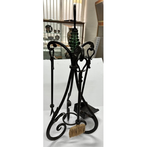 201 - Cast Iron fire poker set with green glass