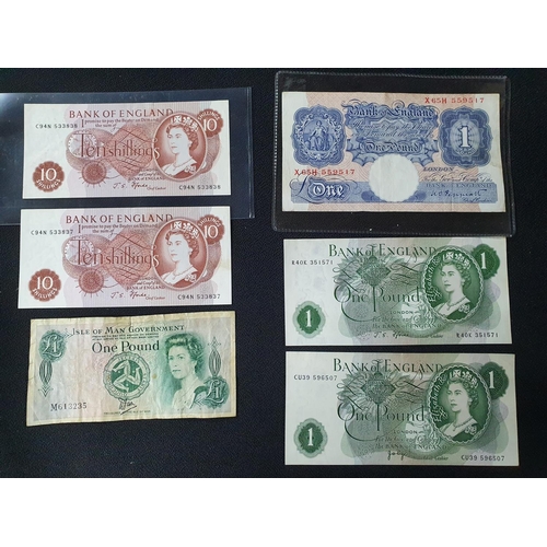 213 - Six English QEII bank notes to consist of 2 10 shillings with consecutive numbers, a Peppiatt £1 blu... 