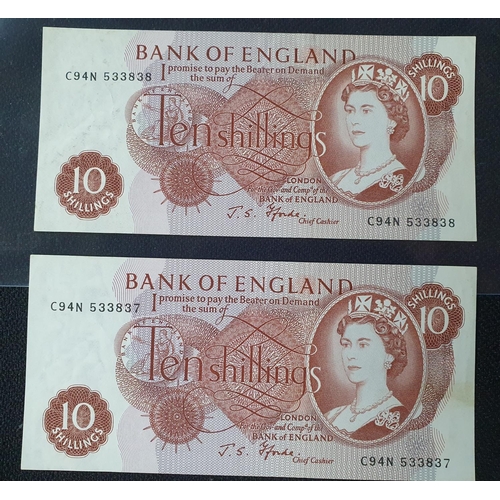 213 - Six English QEII bank notes to consist of 2 10 shillings with consecutive numbers, a Peppiatt £1 blu... 