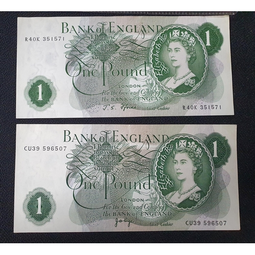 213 - Six English QEII bank notes to consist of 2 10 shillings with consecutive numbers, a Peppiatt £1 blu... 