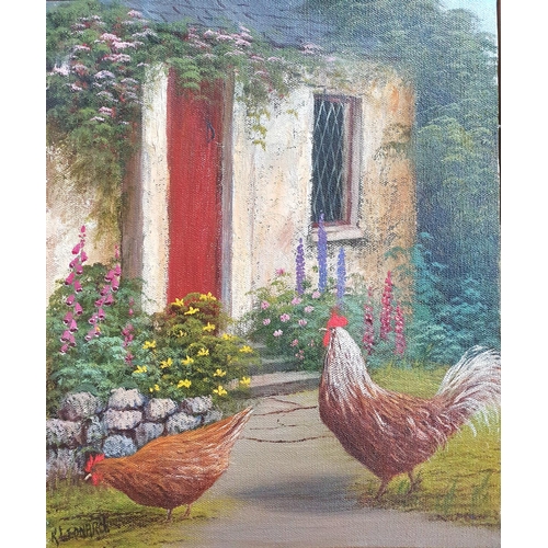 183 - Indistinctly signed small oil on canvas depicting hens outside a country cottage