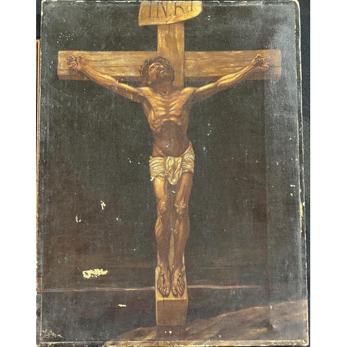 70 - Victorian oil on canvas of Christ on a cross together with a with a print of Jesus (2)