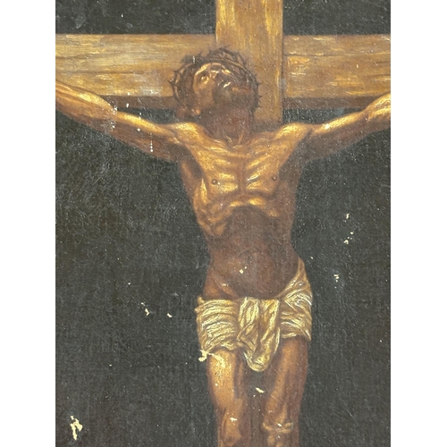 70 - Victorian oil on canvas of Christ on a cross together with a with a print of Jesus (2)