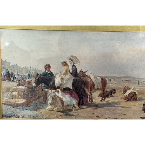 71 - Victorian print depicting a busy beach scene in original Oak frame