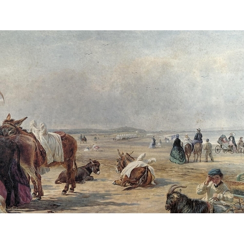 71 - Victorian print depicting a busy beach scene in original Oak frame