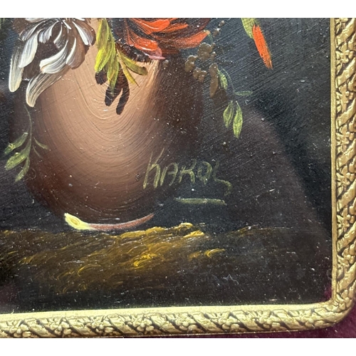 74 - Two oil on copper signed Karol with brass panel and tapestry (4)