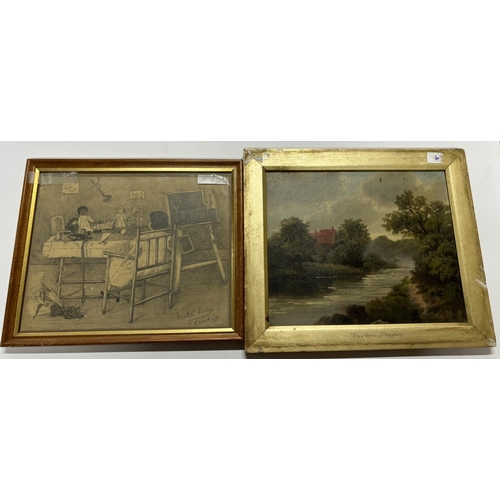 75 - Old oil depicting a river scene together with old pencil sketch, indistinctly signed (2)