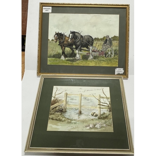 80 - Two watercolours, one by P.A Wilson, the other an unsigned watercolour depicting shire horses plowin... 