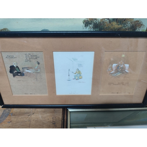 130 - Two indistictly signed oils and two watercolours, each depicting various scenes including a characat... 