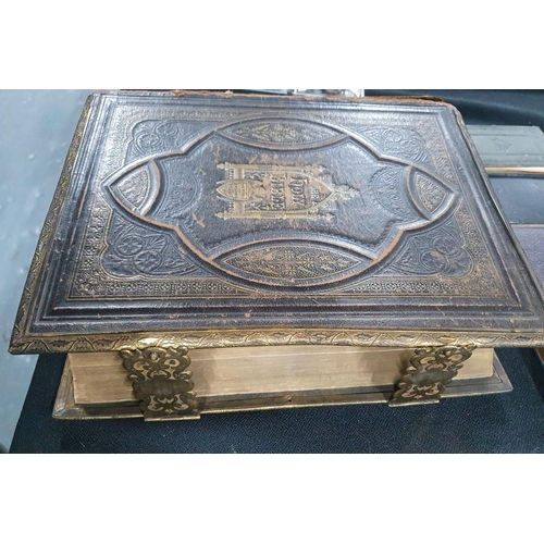 160A - Large 1873 family bible with brass clasp (a/f) together with 7 smaller antique prayer books, some Sc... 