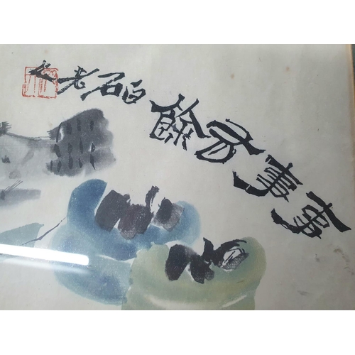 125A - After Qi Baishi, ink and watercolour of a Carp with foliage, bears indistinct signature, framed