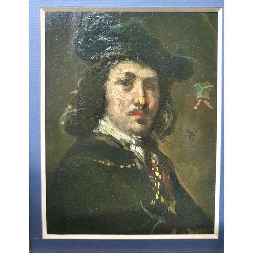 127A - Two unsigned pictures within the same mount, an oil portrait of Rembrandt together with a watercolou... 