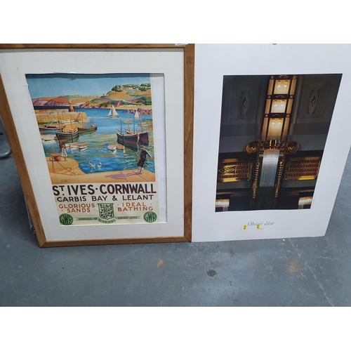 957 - Framed modern print after advertising Edwardian train poster, framed and another large print (2)