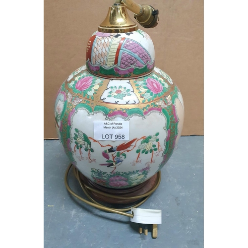 958 - Chinese famille rose lidded vase converted to a table lamp on a hardwood stand