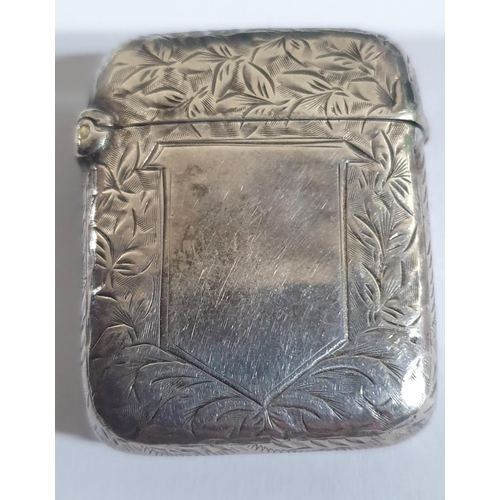 7 - Antique Birmingham silver vesta case, with (rare) blank shield to the front and continuous engraved ... 