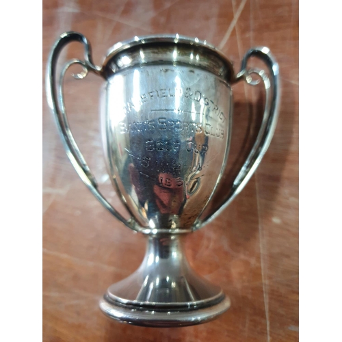 9 - Small silver 2-handled gold trophy for Mansfield & District 1937 cup, Sheffield 1929,

46 grams