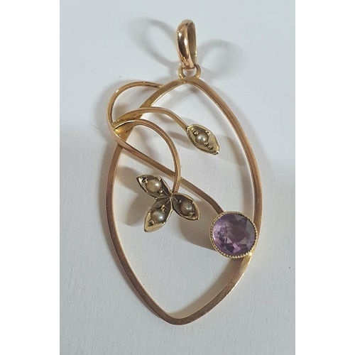 44 - 9ct yellow gold Art Nouveau pendant with Amethyst and Peridot,

1.9 grams gross