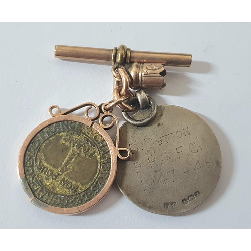 50 - 9ct gold bar holding a silver fob and a rose gold coin mount (unmarked or rubbed) holding some kind ... 