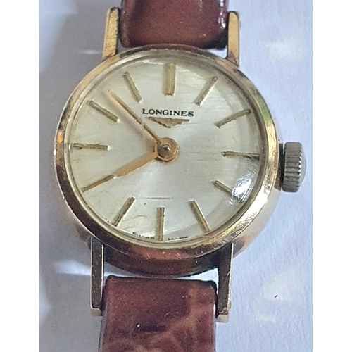 56 - Ladies vintage Longines wristwatch in slender brown leather strap