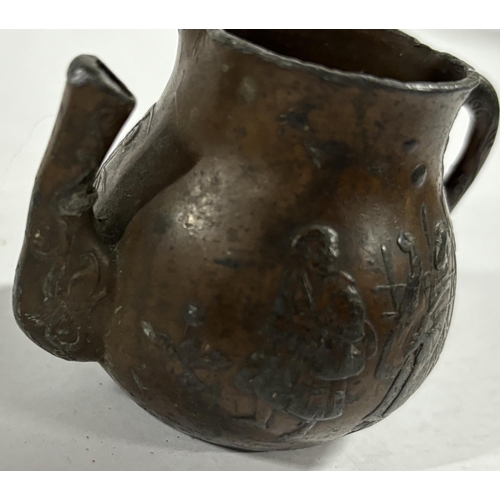 92 - Small Chinese possibly Bronze tea pot with designs on the side looks old