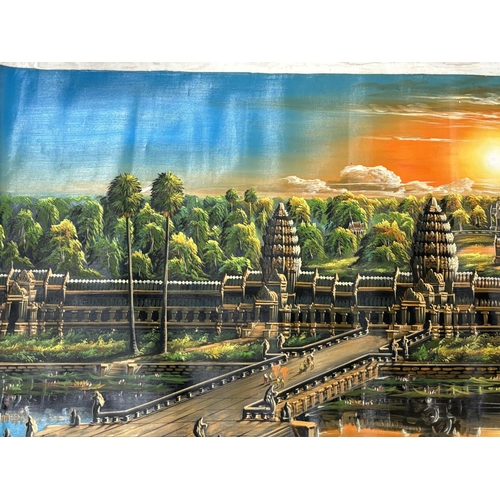 103 - Vintage 1980s/90s acrylic on upstretched canvas painting of Angkor Wat Temple signed by Rayuth