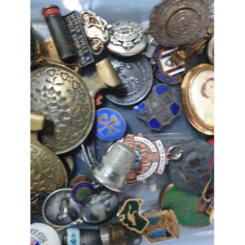 157 - Large quantity of small collectables to include medallions, late Victorian-later 20thC, enamel pin b... 