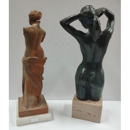 178 - Two figures on plinths, one a bronzed-effect with signature plaque to base and the other a terracott... 