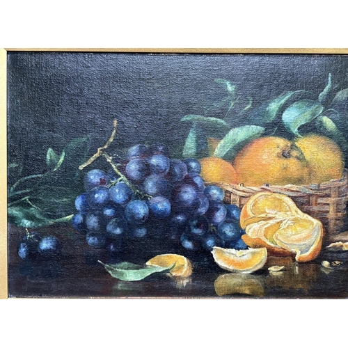 128 - Unsigned Edwardian oil on canvas, still-life with fruit in original Watts type frame