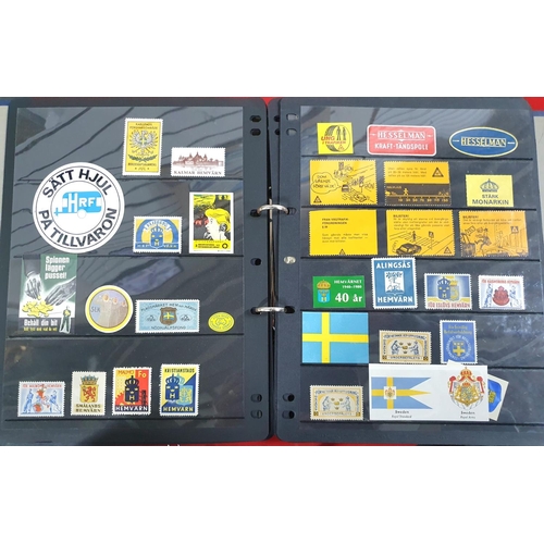 272 - Black folder containing a large quantity of Sweden stamps and stickers, all Swedish town or business... 