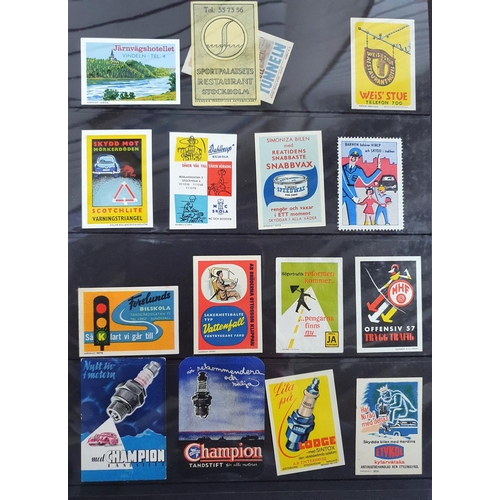 272 - Black folder containing a large quantity of Sweden stamps and stickers, all Swedish town or business... 