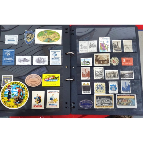 272 - Black folder containing a large quantity of Sweden stamps and stickers, all Swedish town or business... 