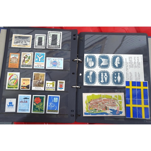 272 - Black folder containing a large quantity of Sweden stamps and stickers, all Swedish town or business... 