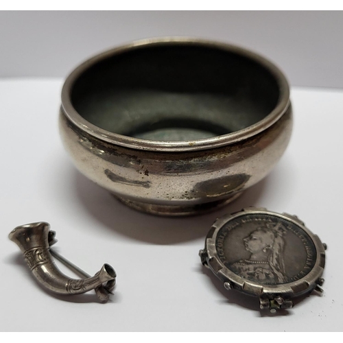 22 - Collection of Three silver items including an antique silver horn brooch, trinket dish and a silver ... 