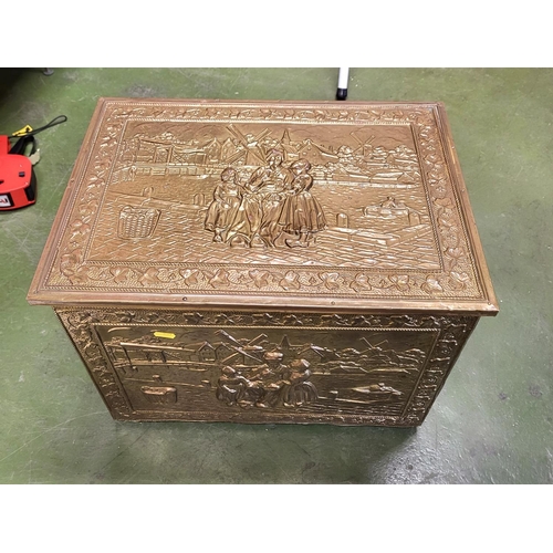 42 - 20thC Coal box with hammered brass outer cover with Dutch scenes