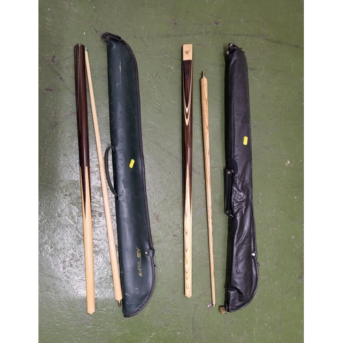 43 - Pair of good quality, 2-piece snooker cues with cases (2)