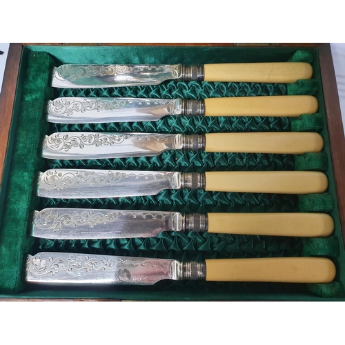 46 - Oak casted set of antique fish-knives together with some antique silver plated flatware etc (Qty)