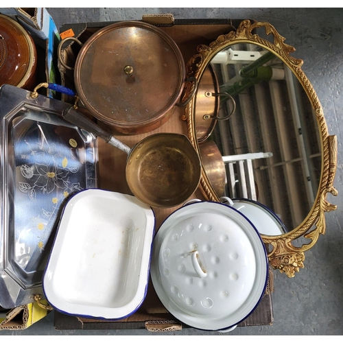 59 - Box of quality metalware to include enameled kitchenware, copper saucepan, ornate mirror etc (Qty)