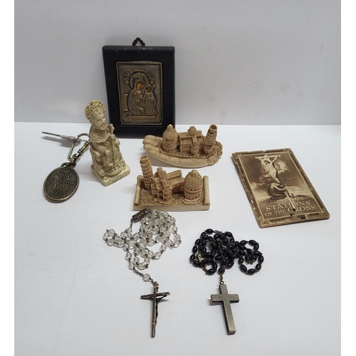 60 - Collection of religious items to include a modern silver fronted icon, marked 