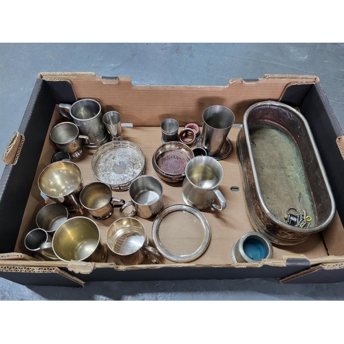 64 - Box of various metalware including a decorative metal planter (Qty)