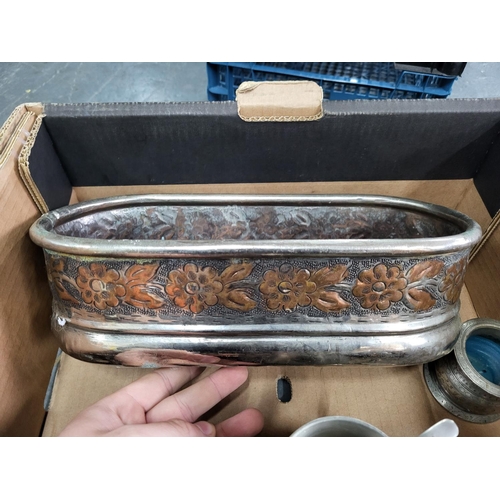 64 - Box of various metalware including a decorative metal planter (Qty)