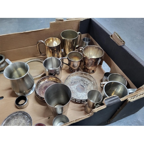 64 - Box of various metalware including a decorative metal planter (Qty)