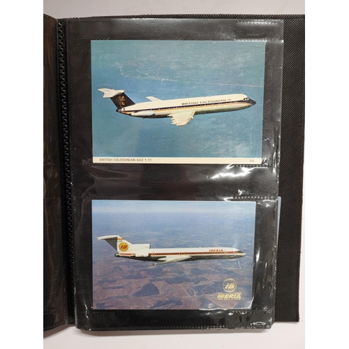 226 - Album containing 20thC colour postcards, mainly containing travel, air plane or car related examples... 