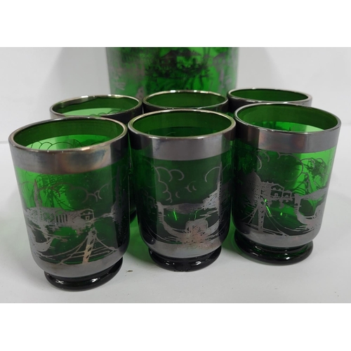 383 - Green coloured decorative glass decanter and six shot glasses (7)