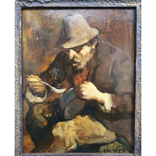 115 - Indistinctly signed, 20thC Continental school oil on canvas depicting a man eating from a bowl