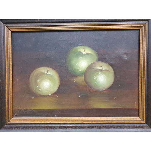 117 - Unsigned oil on canvas still-life depicting 3 apples in fine wood frame,

The oil measures 27 x 39cm