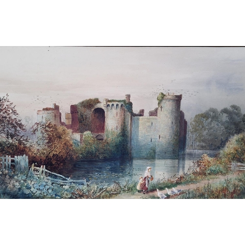 211 - Two framed pictures one a watercolour depicting a castle signed A.Watts 1910 and the other a Mid-Vic... 